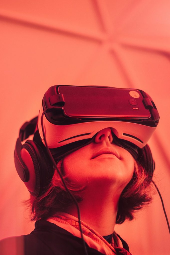 fun, gadgets, girl, hair, model, technology, virtual reality, metaverse, virtual reality goggles, woman, red technology, red model, red hair, red fun
